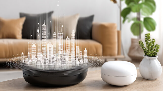 Smart home device projecting a holographic cityscape in a modern living room - Powered by Adobe