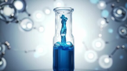 Scientific 3d animation of a blue liquid forming a helix splash inside a test tube with a molecular background
 - Powered by Adobe