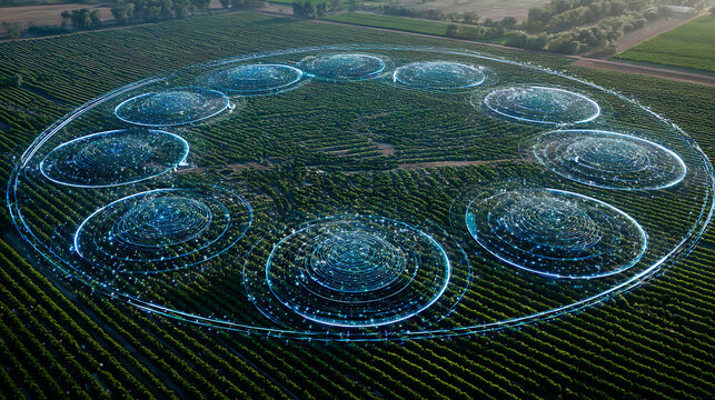 Aerial view of agricultural field with digital overlays showing circular patterns and data networks