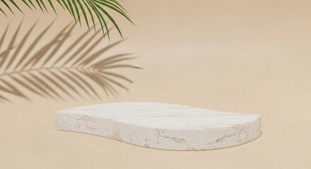 Obraz premium Beige background with white stone podium, palm leaf shadow overhead, showcasing product display space, ideal for minimalist branding or summer themes