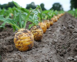 Rows of yellow turnips growing in a field