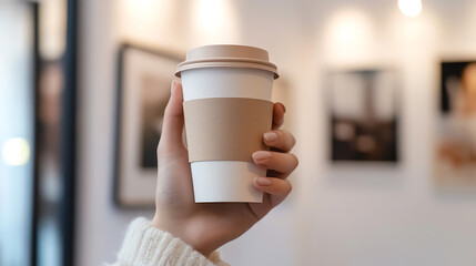 Hand Holding Coffee Cup: A cozy moment with a to-go beverage. Enjoy the simple pleasure of a warm drink. Perfect for a break or a casual meet-up.