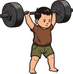 Obraz premium Young boy lifting heavy barbell weight training strength exercise workout muscles illustration 