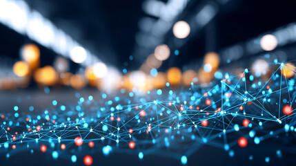 Digital network connections with glowing nodes and abstract data flow in a futuristic environment