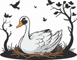 Mother Goose Protecting Young Nest Image vector isolated on white background.