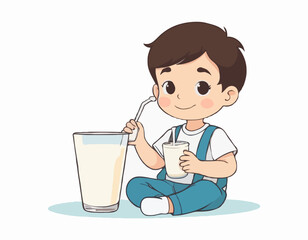 Cute little boy with glass of milk drink image vector isolated on white background.
