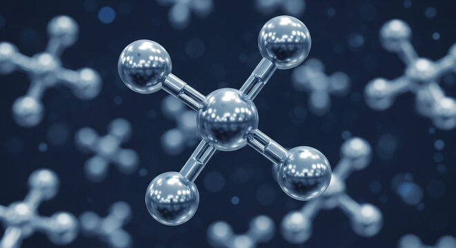 Close-up of metallic molecule model, spherical atoms connected by rods, set against a dark-blue background, representing scientific research, technology, or chemical structures - Powered by Adobe