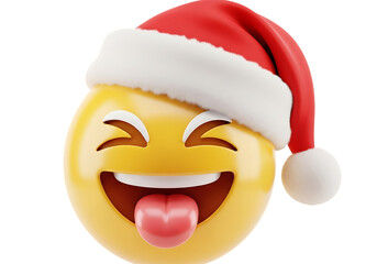 Joyful laughing emoji wearing a red santa hat isolated on transparent background