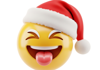 Joyful laughing emoji wearing a red santa hat isolated on transparent background
