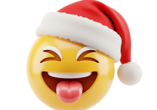 Joyful laughing emoji wearing a red santa hat isolated on transparent background