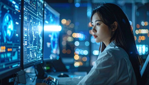 Asian Woman Focused on AI Innovation Development at Workspace