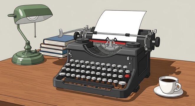 Vintage Typewriter Setup with Lamp, Books, and Coffee.