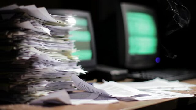 Overworked concept: Large stack of documents, papers and work overload on desk, with dark computer monitor in background.