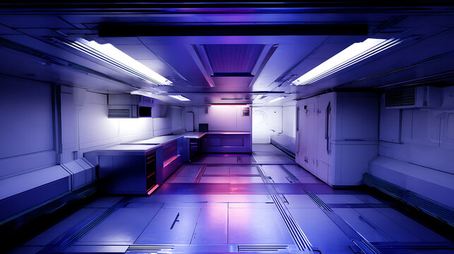 Interior of a futuristic corridor with blue and purple lighting, metallic surfaces, and industrial design elements