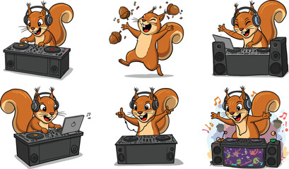 Cartoon Squirrel DJ Character Set Featuring Acorn Tossing, Turntable Poses, and Musical Celebration for Entertainment and Lifestyle Projects © Fuad Creatives 