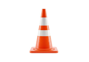 Bright orange traffic cone with white reflective stripes standing upright isolated on transparent background