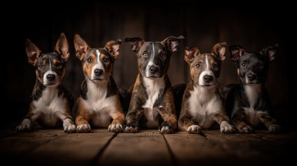 Dogs Puppies Pets Group of Dogs Canine Domestic Animals Studio Portrait of Adorable Small Breeds Sitting Together on Wooden Floor with Dark Background