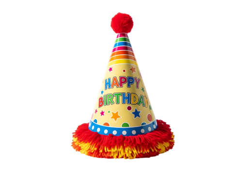 Colorful cone shaped birthday party hat with happy birthday text and pom pom on top isolated on transparent background - Powered by Adobe