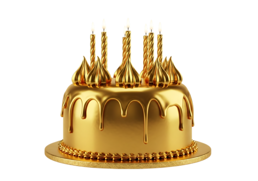 Luxurious golden birthday cake with lit candles isolated on transparent background