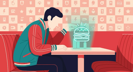 Retro Diner Experience with Augmented Reality Burger and Nostalgic Atmosphere
