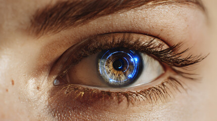Close-up of a female eye with a futuristic blue digital circle on the iris.