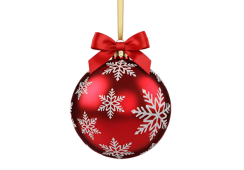 A single red christmas ornament with white snowflake patterns hanging by a red ribbon bow isolated on transparent background