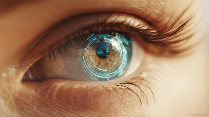 Close-up of a female eye with a futuristic blue digital circle on the iris.