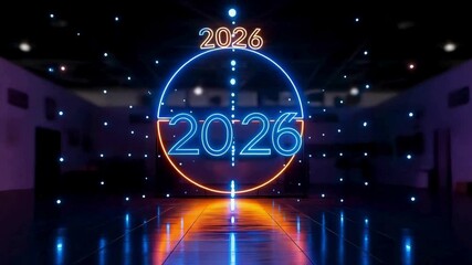Dynamic 2026 countdown timer with vibrant neon lights and reflective futuristic floor, perfect for New Year's celebrations and tech advancements. - Powered by Adobe