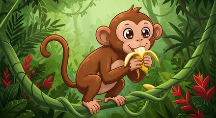 Monkey eating banana in jungle