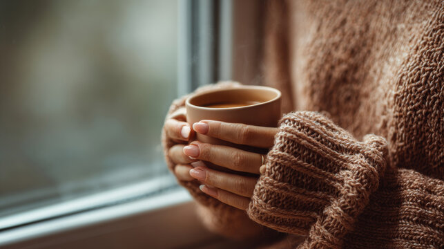Close-up of a woman's hands holding a cup with hot coffee, wearing a knitted sweater near a window at home.