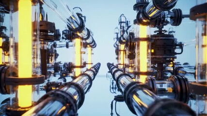Industrial 3d animation of a futuristic factory with glowing yellow liquid flowing through a complex glass pipeline system
- Powered by Adobe