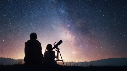 Fototapeta premium Father and his daughter looking at the stars through a telescope, sitting on the ground, back view, night sky.