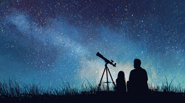 Father and his daughter looking at the stars through a telescope, sitting on the ground, back view, night sky.