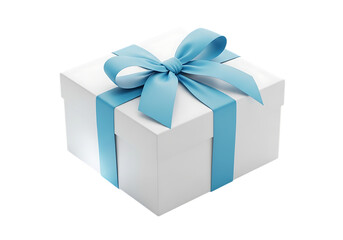 Obraz premium A white gift box with a light blue ribbon and bow isolated on transparent background