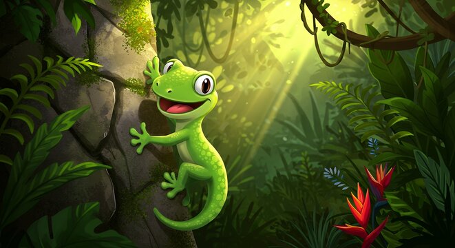Smiling gecko in lush jungle
