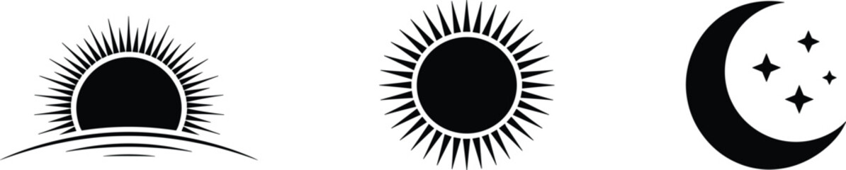 Minimal celestial icon set, sunrise, midday sun, night moon, star symbols, black and white, vector design, time of day