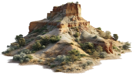 PNG of Majestic red rock formation surrounded by green vegetation, showcasing nature's beauty in a serene landscape.