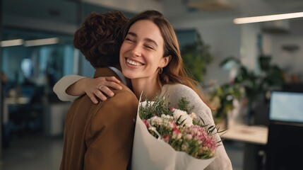 Happy Woman Hugging Partner with Flower Bouquet in Office for Romantic Gestures, Surprise Moments, or International Women’s Day Celebrations