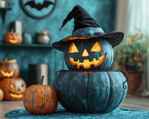 Halloween decorated room with pumpkins