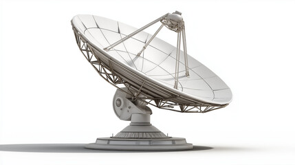High-resolution satellite dish isolated on white background, showcasing metallic texture, precise curvature, and modern communication technology design.