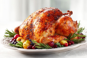Roasted turkey on an elegant serving platter with herbs and fruits, isolated against a white background.