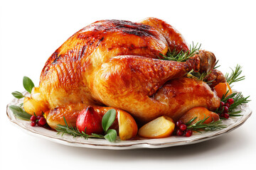 Roasted turkey on an elegant serving platter with herbs and fruits, isolated against a white background.