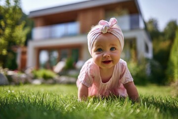 A little girl sits on the grass with her house in the background.