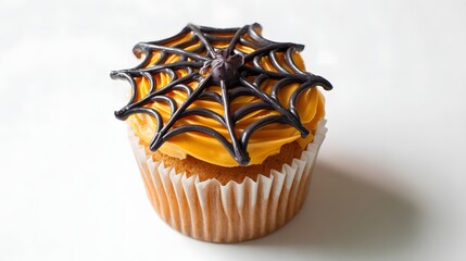Halloween cupcake with spider wen on top isolated on white background.