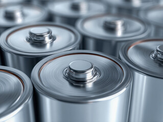 Group of shiny metal cylindrical batteries arranged closely together highlighting the detailed textures and metallic reflections on the surfaces