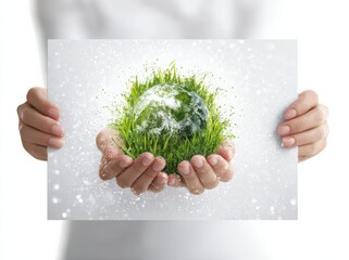Planet earth with green grass in hand, isolated on a white background. 