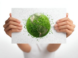 Planet earth with green grass in hand, isolated on a white background. 