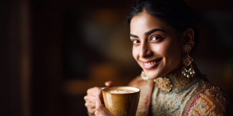A radiant woman, elegantly dressed, enjoys a warm beverage, exuding charm and sophistication in this captivating portrait.