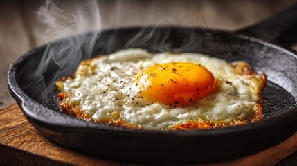 Fried eggs in a pan on wooden table.
