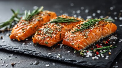 Three pieces of delicious, smoky salmon with herbs and spices on a black slate board.